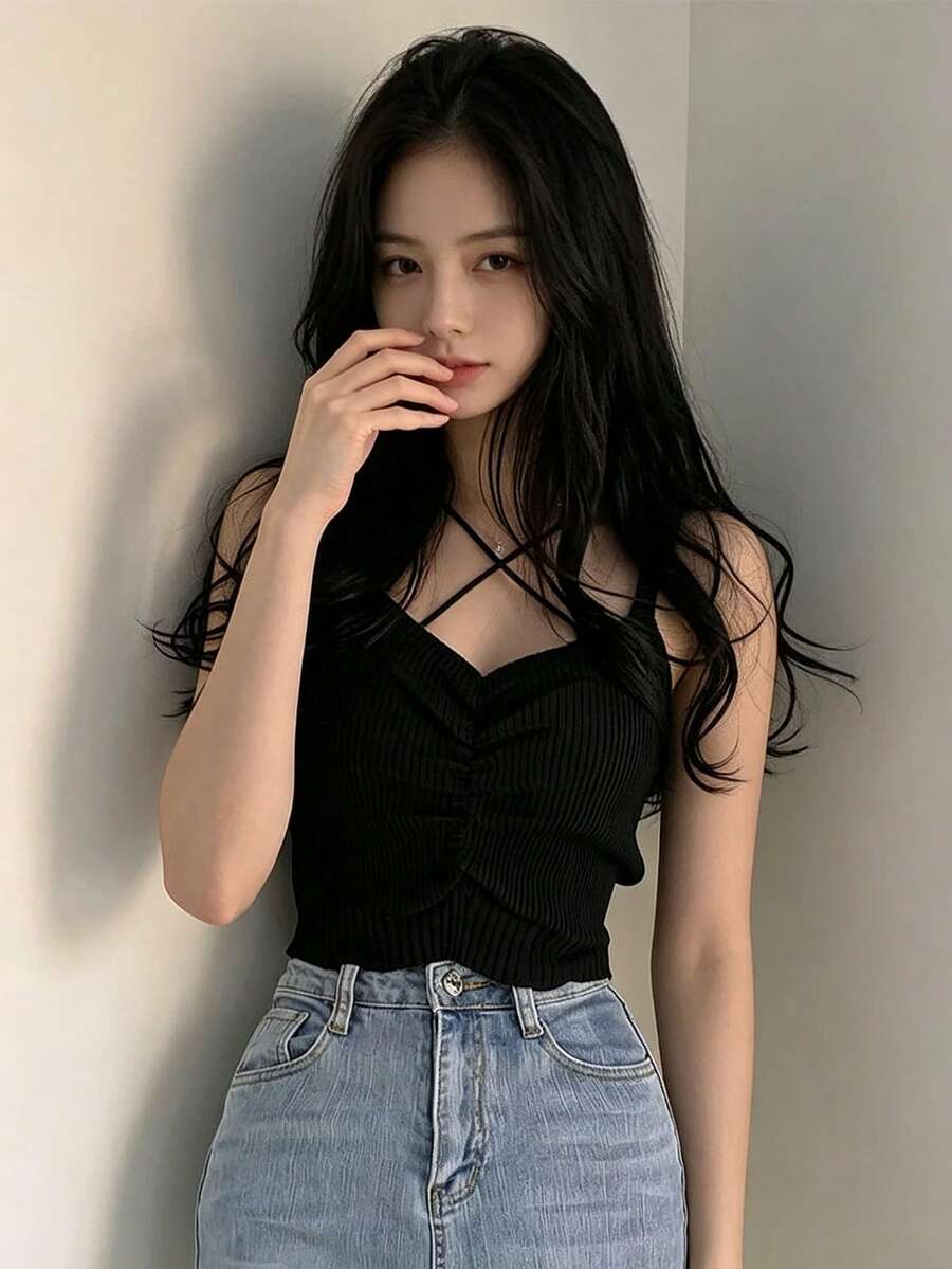 YCYC Atasan Camisole Hitam Kasual Serbaguna untuk Wanita Musim Semi/Panas - Hitam - View 1