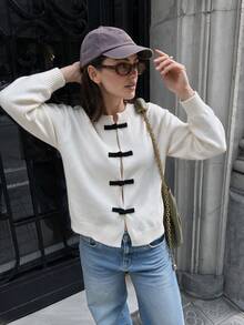 NOVELLE Women Chic White Fall Knit Cardigan, Frog Button Long Sleeve Crew Neck Cropped Sweater Coat, Casual Daily Street Outfit - White - View 2