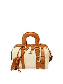 Women Fashionabel Retro Denim‑Print Boston Handbag, Mini PU Spliced Top‑Handle Bag, Chain Decor Crossbody Shoulder Purse With High-End Texture - Multicolor - View 14