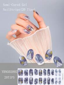 Autumn/Winter Christmas Semi-Cured Gel Nail Stickers, Blue-Grey Gradient Snowflake & Christmas Tree Pattern Press-On Nails, 20pcs Set With Nail Lamp, Nail File & Tool Kit - Multicolor - View 1