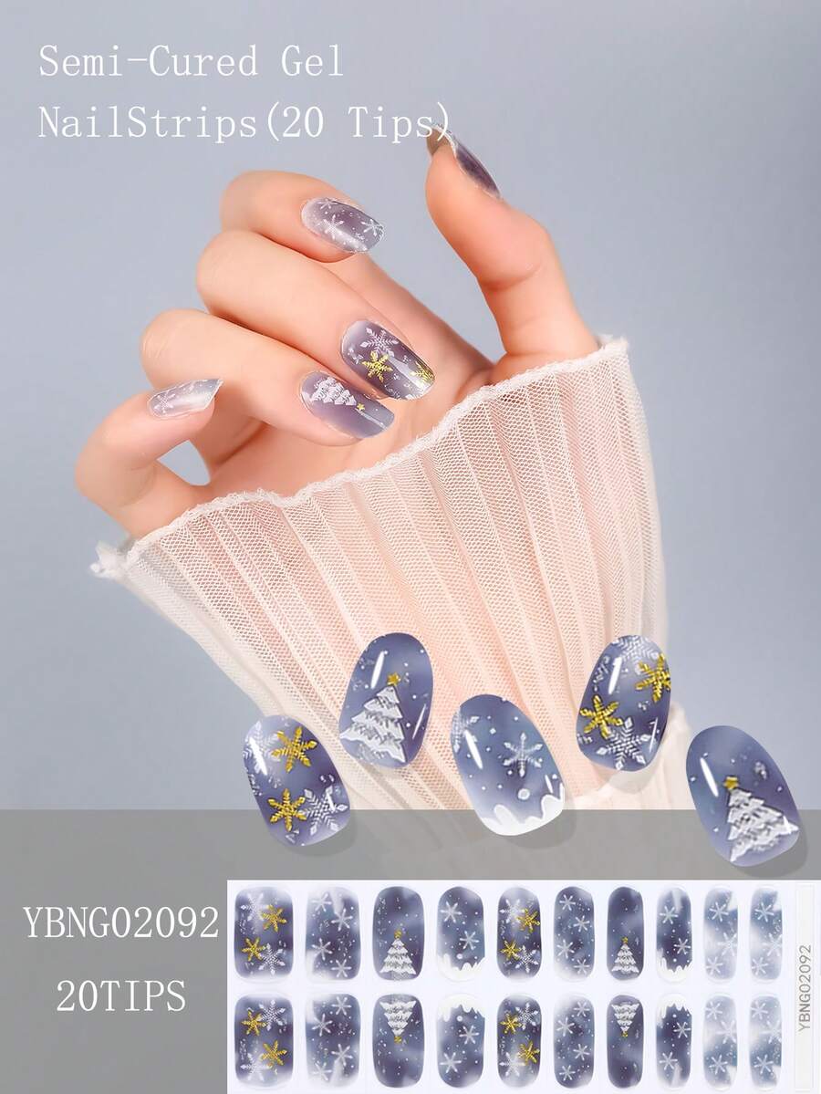 Autumn/Winter Christmas Semi-Cured Gel Nail Stickers, Blue-Grey Gradient Snowflake & Christmas Tree Pattern Press-On Nails, 20pcs Set With Nail Lamp, Nail File & Tool Kit - Multicolor - View 1