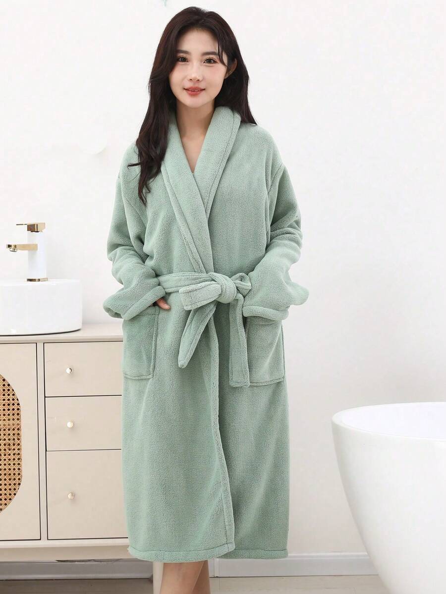 女款珊瑚絨法蘭絨睡袍,四季通用春夏秋冬,翻領飾邊設計,附口袋,保暖純色極簡風附腰帶,長袖浴袍沙灘袍,1件 - 薄荷綠 - 查看 1