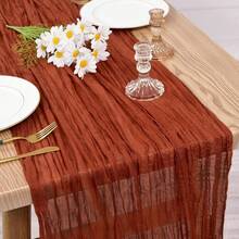 長方形桌巾 180*90CM、300*90CM、400*90CM，起司布桌巾，波希米亞風紗起司布桌布，鄉村風透明桌布，適用於婚禮、節日聚會、畢業派對、生日或節日派對蛋糕桌裝飾，浪漫宴會桌裝飾皺褶布桌巾，適合戶外與室內使用，彩色桌布 - 鐵鏽紅 - 查看 5