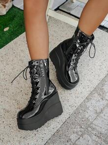Women's Wedge Heel Thick Sole Boots 2025 New Spring/Autumn Fashion Height-Increasing Lace-Up Side Zipper Short Ankle Boots - Black - View 3