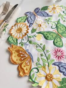 1/2/4pcs Round Embroidered Decorative Placemats, 35cm Butterfly Floral Daisy Table Mats, Decorative Table Mats For Home Party Tabletop Decoration - Green - View 2