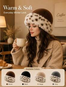 1pc Fashion Fluffy Faux Fur Headwear: Warm And Comfortable Winter Accessory. Featuring A Thick And Warm Open Design, Suitable For Shopping, Skiing Or Traveling; With Snow Leopard Print Pattern - A Great Gift For Skiing Enthusiasts. - Multicolor - View 1