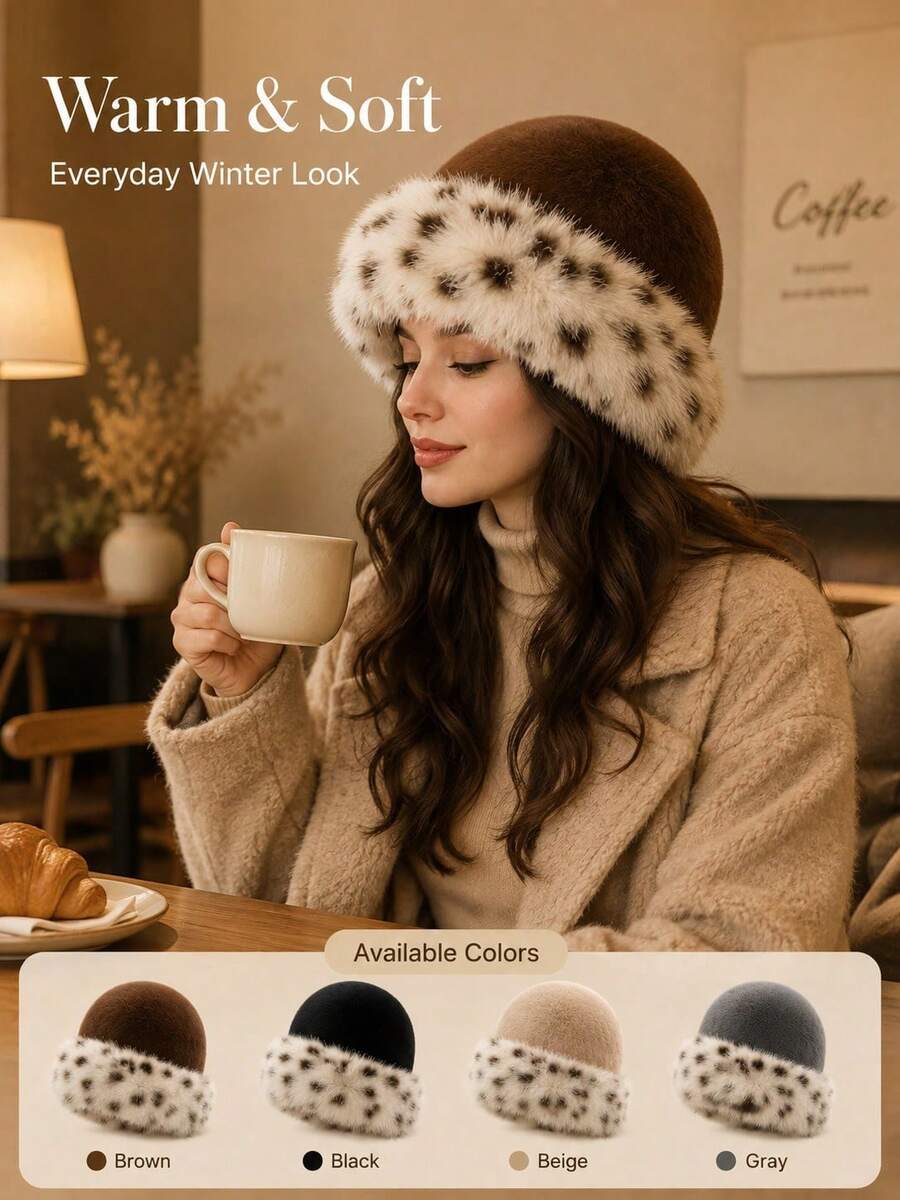 1pc Fashion Fluffy Faux Fur Headwear: Warm And Comfortable Winter Accessory. Featuring A Thick And Warm Open Design, Suitable For Shopping, Skiing Or Traveling; With Snow Leopard Print Pattern - A Great Gift For Skiing Enthusiasts. - Multicolor - View 1