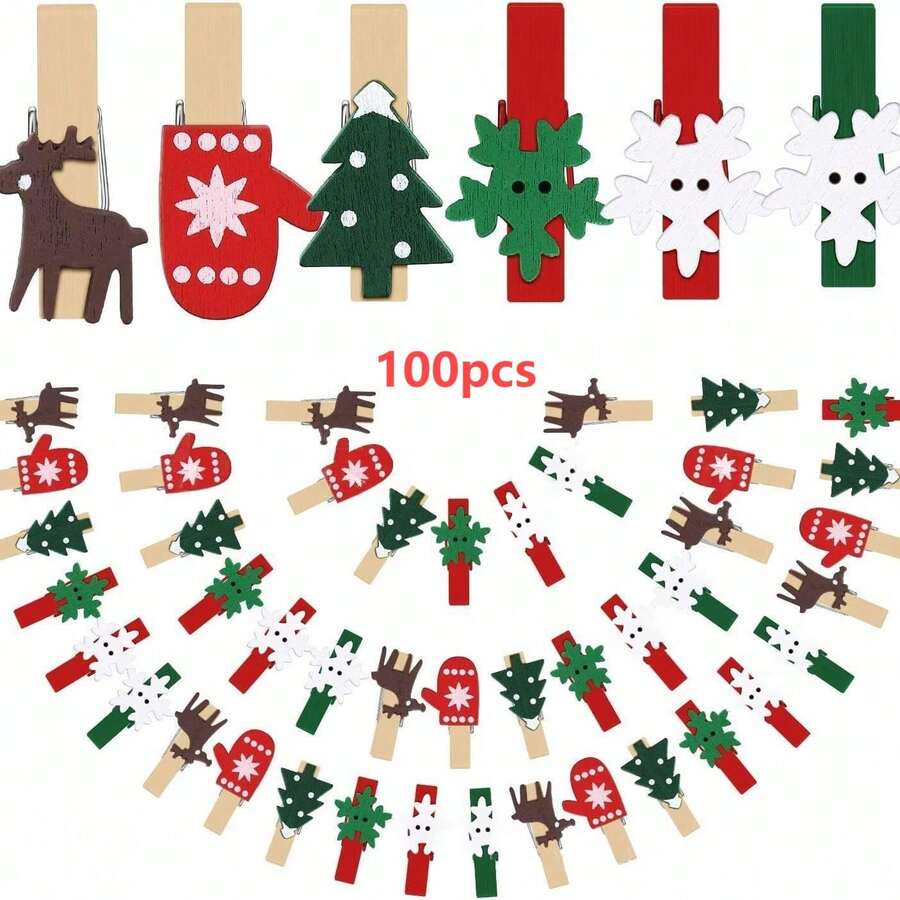 100Pcs Cartoon Snowflake Color Wooden Clothespins With Twine Rope, Christmas Photo Hanging Clips, DIY Craft Xmas Tree Ornament Decor - Multiple Styles - View 1
