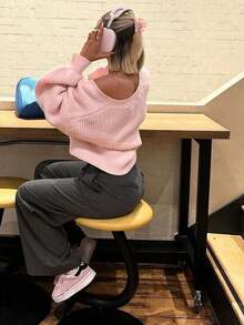 Plus Size Women's V-Neck Front Twist Button Long Sleeve Knit Cardigan, Short Loose Warm Comfortable Pink Lantern Sleeve Sweater Jacket - Pink - View 5