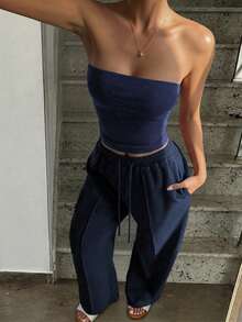 Vaiaye 2pcs Set Autumn Outfit Slim Fit Sexy Strapless Cropped Top Basic Tank Top Fashion Solid Color Elastic Fitted Yoga Tube Top, Spring/Summer Long Pants Set - Navy - View 7