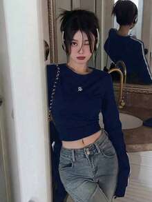 女款初秋條紋短版修身長袖上衣 - 藏蓝色 - 查看 5