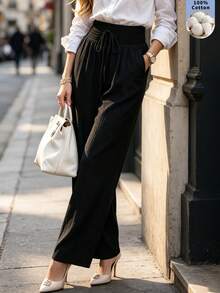 Fall Women Textured Wide Leg Pants, Smocked High Waist Drawstring Loose Trousers With Side - Black - View 2