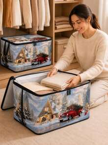 Christmas Foldable Storage Box With Zipper Lid, Foldable Zipper Storage Box, Christmas Storage Bucket With Lid And Handles, Large Capacity Clothing And Bedding Storage Box With Handles, Christmas Tree And Red Truck Pattern Blanket Storage Bucket - Multicolor - View 9