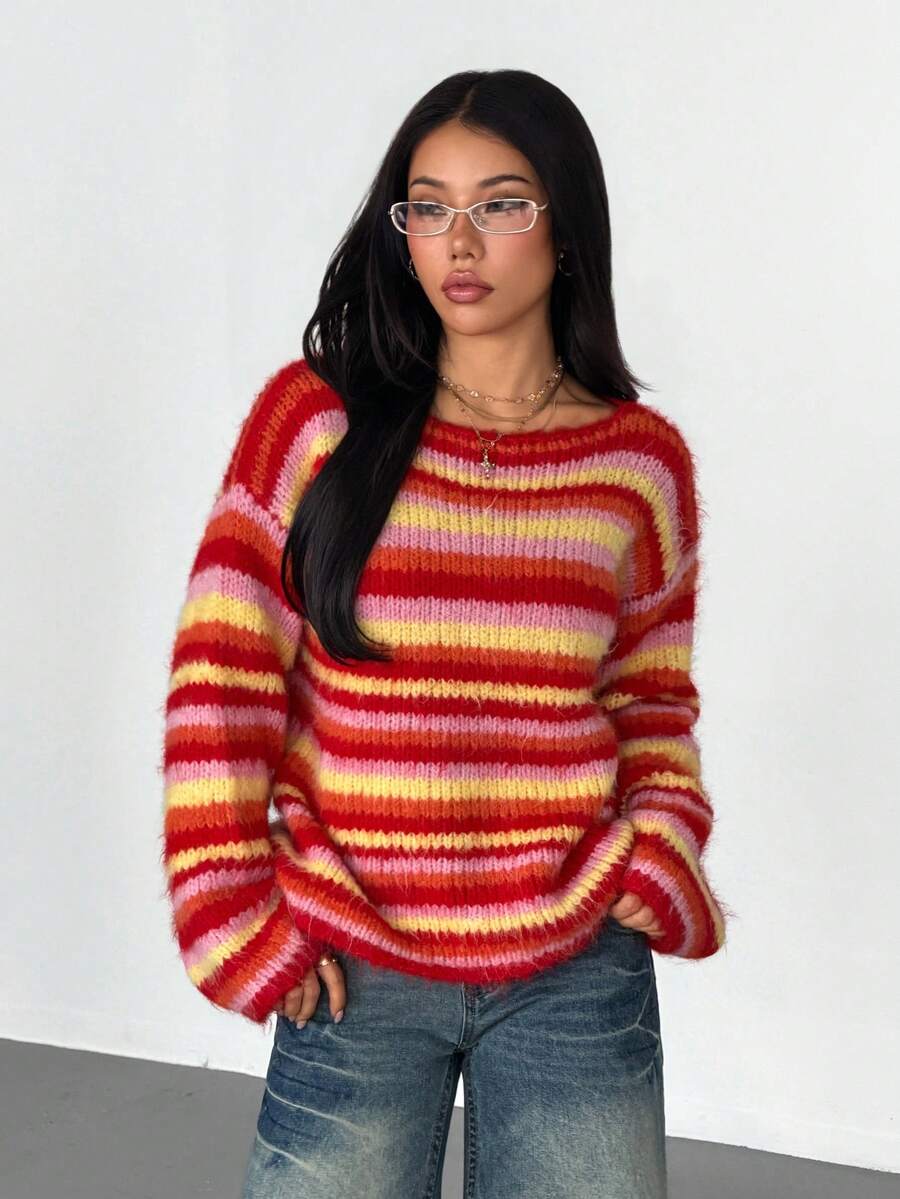 Women's Autumn/Winter Dropped Shoulder Striped Fuzzy Knit Sweater, Loose Long Sleeve Multi-Color Striped Pullover - Pink - View 1