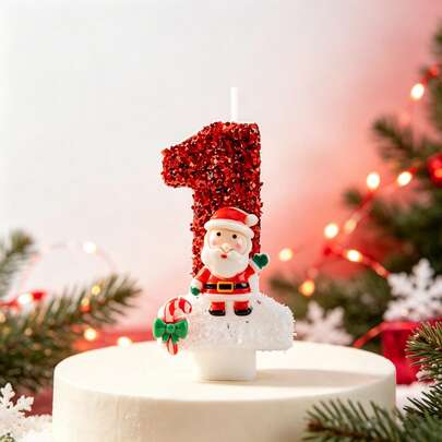 1pc Christmas Santa Number Candle 0-9, Red Glitter Digit Cake Topper W/ Santa & Candy Cane, Christmas & Birthday Decoration, Winter Cake Decor, December Baby Party, Baby Milestone, Xmas Photo Prop For Kids, Toddler, 18th Birthday Dessert Table