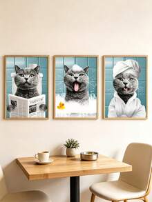 1 Set Of 3 Customized Cat Photo Portraits, Personalized Fun Cat Newspaper Art, Pet Portrait Wall Decor, Cat Reading Newspaper Print, Bathroom Decor, Fun Pet Gift For Cat Lovers - Multicolor - View 3