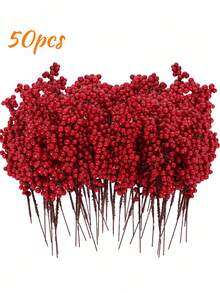 50Pcs Artificial Red Berry Branches, Realistic Plastic Holly Berry Stems For Christmas Tree Decor, Holiday Craft, Wedding Centerpiece And Home Decoration - Red - View 13