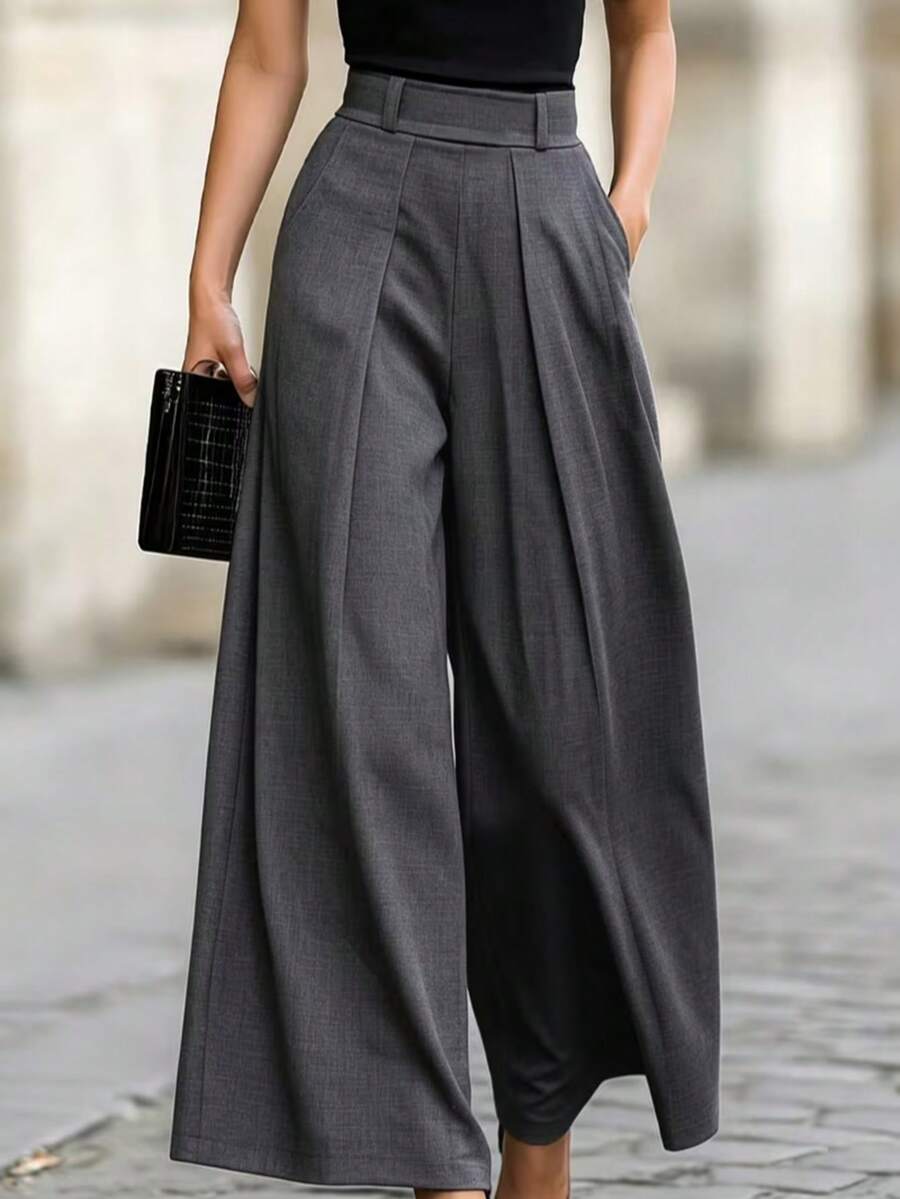 Women's Fashion Commute Casual High Waist Pleated Wide Leg Pants Solid Color With Pockets - Dark Grey - View 1