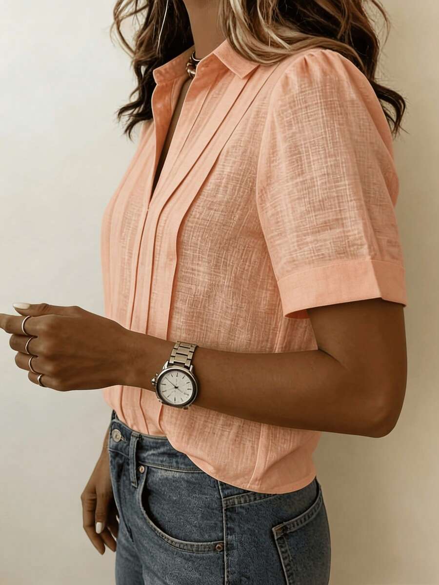 Women's Lapel Half-Button Short Sleeve Shirt, Solid Color Linen Texture Front Pleated Loose Casual Spring, Summer, Autumn Top - Orange - View 1