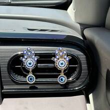 1pc Evil Eye Car Vent Decoration, Devil Eye Retro Fatima Hand Car Vent Clip, Antique Rhinestone Hollow Metal Pendant Car Vent Decoration, Bohemian Car Interior, Lucky Protection Car Parts Gift For Female Drivers - A - View 3