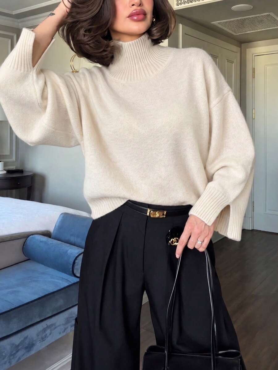 Women's High Neck Drop Shoulder Knit Sweater, Loose Fit Solid Color Basic Casual Pullover Top, Suitable For Weekend Gatherings And Daily Occasions - White - View 1