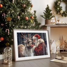 1PC Unframed Santa And Reindeer Canvas Wall Art, Vintage Warm Christmas Snowy Scene Print, Nostalgic Santa Kissing Reindeer Winter Holiday Wall Decor For Living Room - 111 - View 6