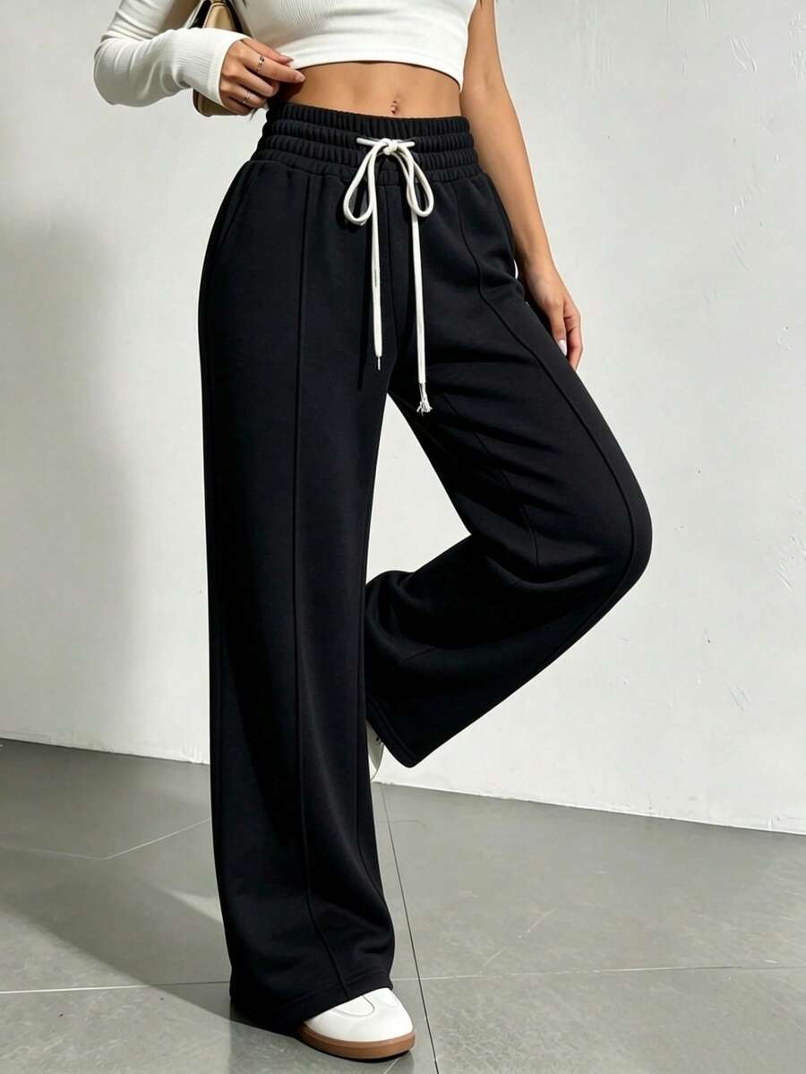 Women's Loose Solid Color Pants With Adjustable Waist, Versatile For Sports - Black - View 1