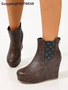 Women's Round Toe Thick Sole Wedge Ankle Boots, Printed Elastic Fabric Patchwork - Coffee Brown - View 1