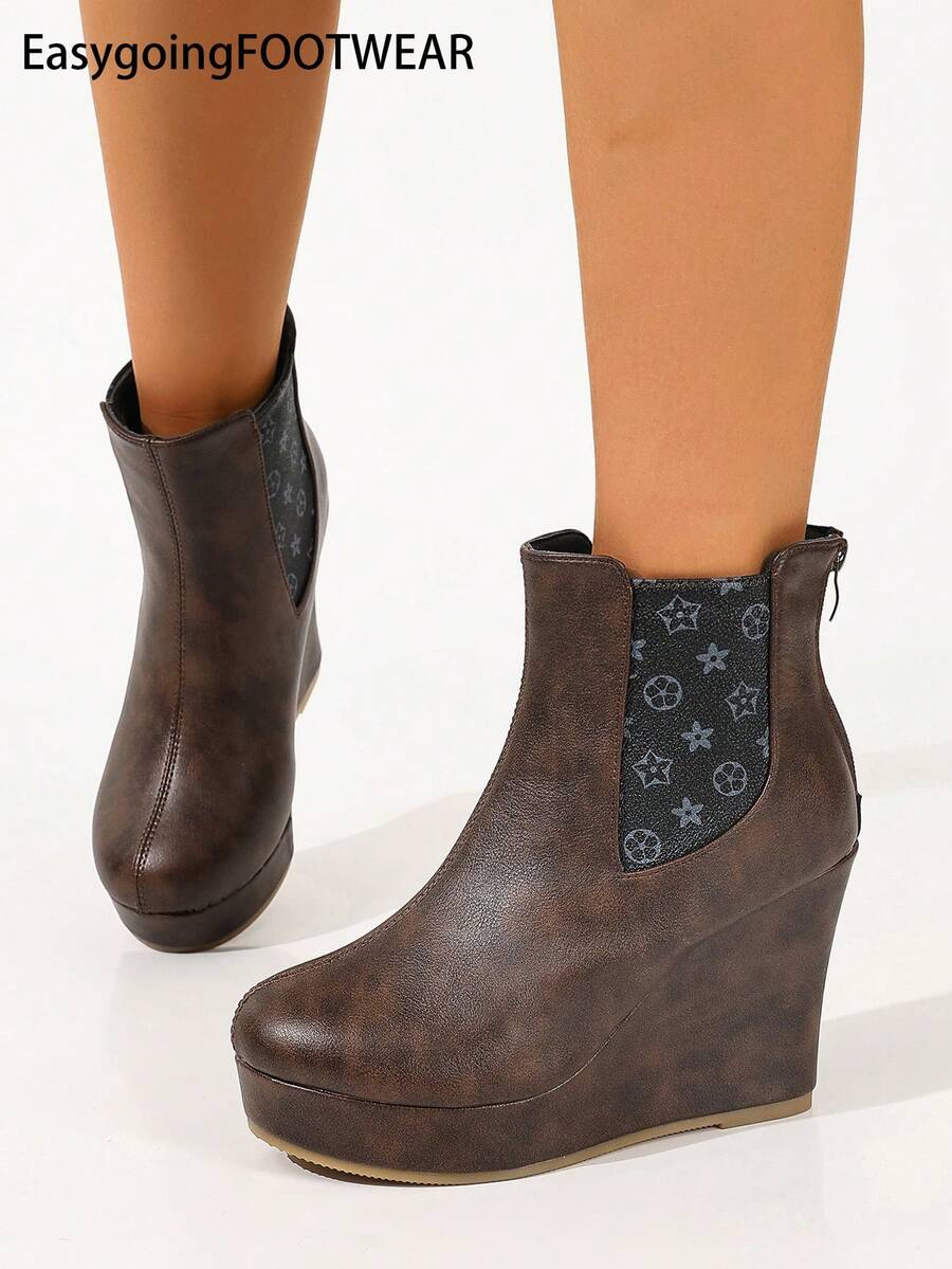 Women's Round Toe Thick Sole Wedge Ankle Boots, Printed Elastic Fabric Patchwork - Coffee Brown - View 1