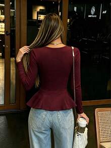Atasan Rajut Lengan Panjang Leher Persegi Wanita yang Elegan, Blus Peplum Panjang Standar - Burgundy - View 2
