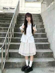 女款波點休閒百搭日常穿著裙 - 白色 - 查看 1