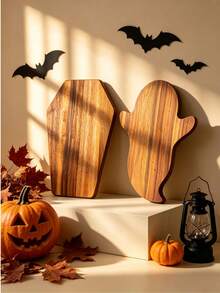 1pc Halloween Themed Wooden Cutting Board, Ghost/Gravestone Shaped, Double-Sided Reversible, Suitable For Fruit, Cheese, Cold Cuts And Appetizer Preparation And Serving, Perfect For Halloween Party And Home Decor - Natural Wood Color - View 9
