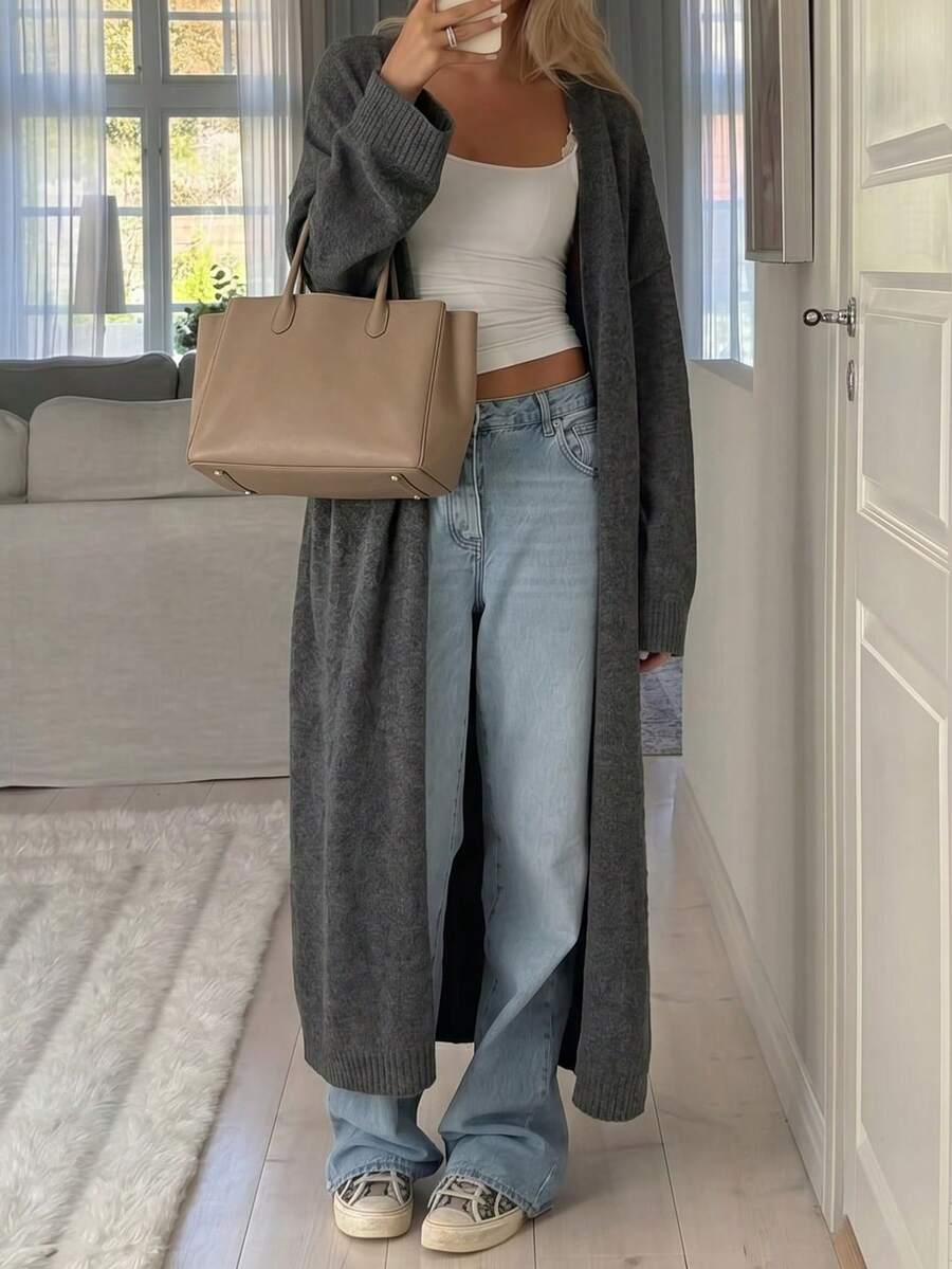 Just Masa Women's V-Neck Oversized Long Cardigan,Long Sleeve Minimalist Casual Elegant Basic Knit Sweater Jacket For Fall Winter Outfit,Daily Wear - Dark Grey - View 1