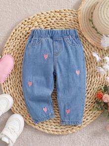Baby Girl Denim Jeans With Exquisite Embroidered Heart Design, Cute Autumn/Winter Outfit, Versatile, Comfortable And Skin-Friendly - Light Wash - View 1
