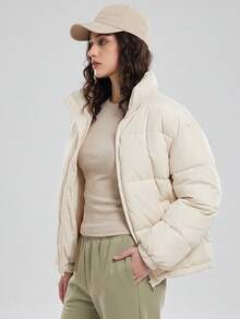 KyrLssu Veste courte matelassée pour femmes, manteau matelassé à col montant, vêtement d'extérieur chaud et décontracté pour un port quotidien et un style de rue - Blanc - Voir 4