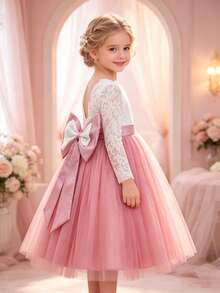 Young Girl Long Sleeve Lace Contrast Mesh Detachable Big Bow Flower Girl Wedding Party Evening Gown - Rusty Rose - View 4