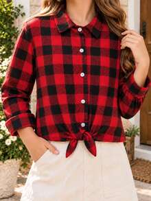 Young Girl Casual Holiday Style Red & Black Plaid Tie Front Long Sleeve Shirt - Red and Black - View 3