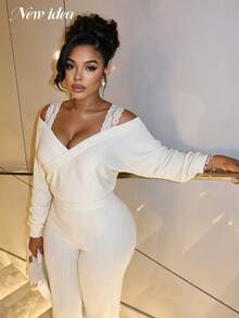NEW IDEA Women'S Elegant Cream Fall Winter 2 Pieces Set, Off Shoulder Wrap Long Sleeve Top & Wide Leg Pants Set For Daily, Dating, Party, Going Out - White - View 4