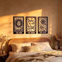 3pcs Tarot Metal Wall Decor, Celestial Tarot Card Wall Decor, Sun Moon Star Vertical Decor, Mysterious Celestial Tarot Wall Decor, Home Decor, Scene Decor, Theme Party Decor - Black - View 1