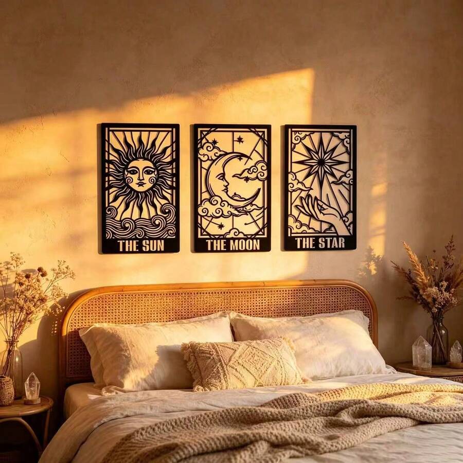 3pcs Tarot Metal Wall Decor, Celestial Tarot Card Wall Decor, Sun Moon Star Vertical Decor, Mysterious Celestial Tarot Wall Decor, Home Decor, Scene Decor, Theme Party Decor - Black - View 1