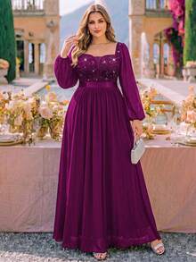 Plus Size Deep V-Neck Sequin Floral Lace Bishop Sleeve Chiffon Formal Evening Gown, Wedding Guest Dress, Suitable For Birthday, Graduation Ceremony - Maroon - View 4