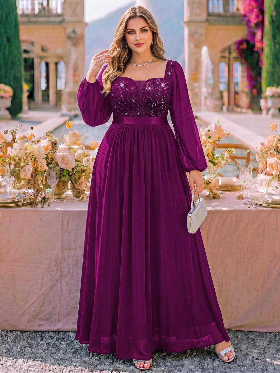 Plus Size Deep V-Neck Sequin Floral Lace Bishop Sleeve Chiffon Formal Evening Gown, Wedding Guest Dress, Suitable For Birthday, Graduation Ceremony - Maroon - View 1