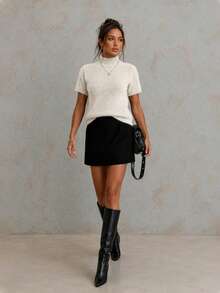 女款秋冬新款針織小立領短袖上衣，極簡基礎修身毛衣，羊毛混紡針織上衣，Y2K復古風，適合日常穿著與萬聖節造型 - 白色 - 查看 6