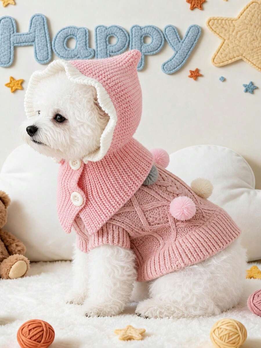 PETCIRCLE 2件組寵物服裝 小狗幼犬貓咪可愛寵物套裝 秋冬保暖透氣親膚 日常戶外穿著洋裝帽子套組 - 淺粉色 - 查看 1