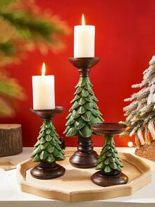 1pc Christmas Tree Candle Holder, Resin Holiday Candle Stand, Vintage Green & Brown Christmas Flat - B - View 2