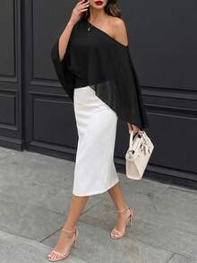 Women's Black Asymmetric Cape Blouse & White High Waisted Pencil Skirt Two Pieces Set, Spring/Summer Office & Party Wear - Black - View 8