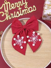1pc Christmas Red Snowflake Embroidered Pom Pom Bow Hair Clip, Girls Winter Hair Accessory, Party & Daily Wear - Red - View 3