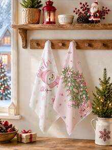 2pcs Christmas Pink Christmas Tree & Snowman Pattern Kitchen Towels, Soft Polyester Dish Cloths, Suitable For Kitchen Decor, Kitchen Cleaning, Holiday Party Decoration, Kitchen & Bathroom Supplies, Home Essentials, Home Decor, Housewarming Gift - Multicolor - View 5