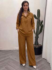 Women's Spring/Autumn Solid Color Casual Pocket Front Button 2-Piece Set, Elegant Outfit For Daily, Commuting, Office And Dating - Orange - View 4
