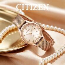 CITIZEN Women's -Drive Watch Rose Gold Slim Round Case Gradient Lavender Dial Roman Numeral Marks Date Window Mesh Metal Strap Soft Elegant Ladies Watch - Pink - View 4